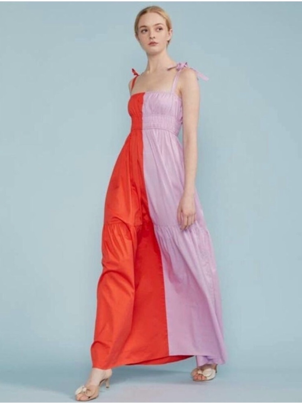 Cynthia Rowley Bryn Smocked Colorblock Maxi Dress Size XL Tie Shoulder